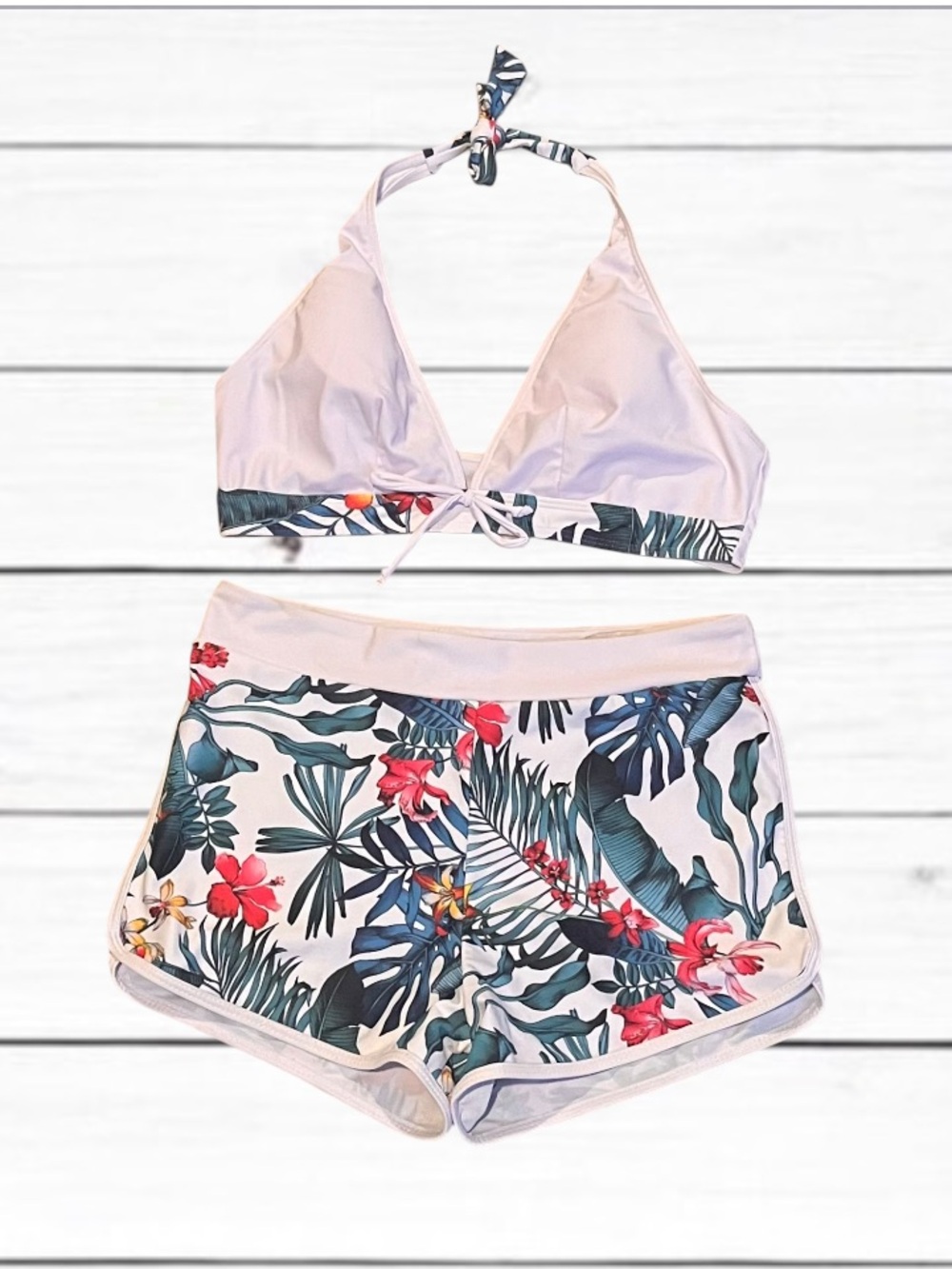 Tropical Floral Bikini Set with High Waisted Swim Shorts Pink 2 Piece Swimsuit